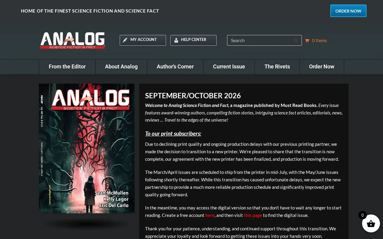 Analog Science Fiction and Fact homepage screenshot