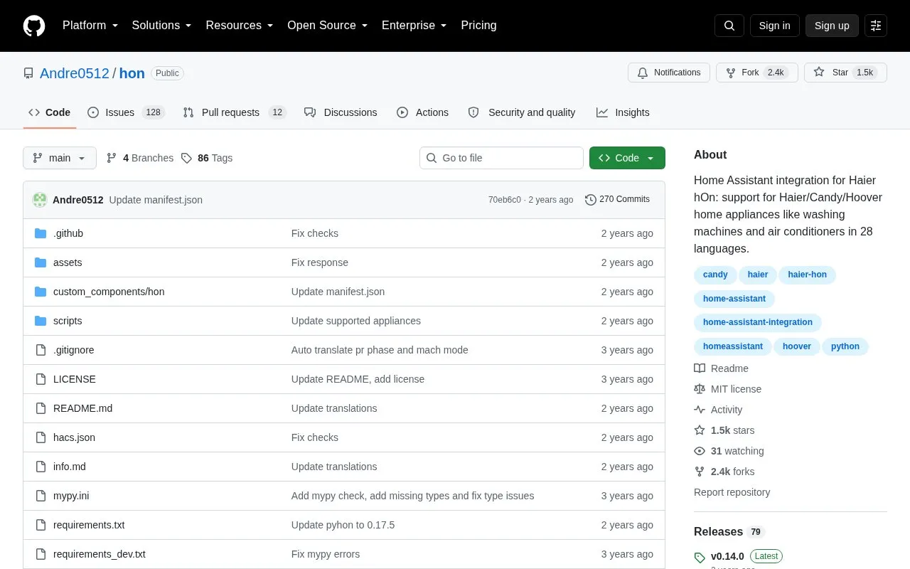 Home Assistant integration for Haier hOn homepage screenshot