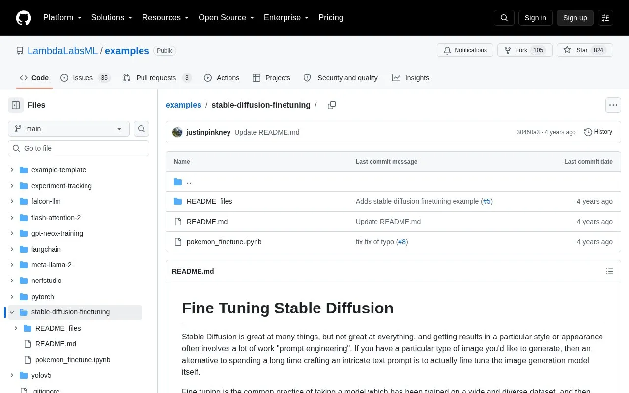 examples/stable-diffusion-finetuning at main · LambdaLabsML/examples homepage screenshot