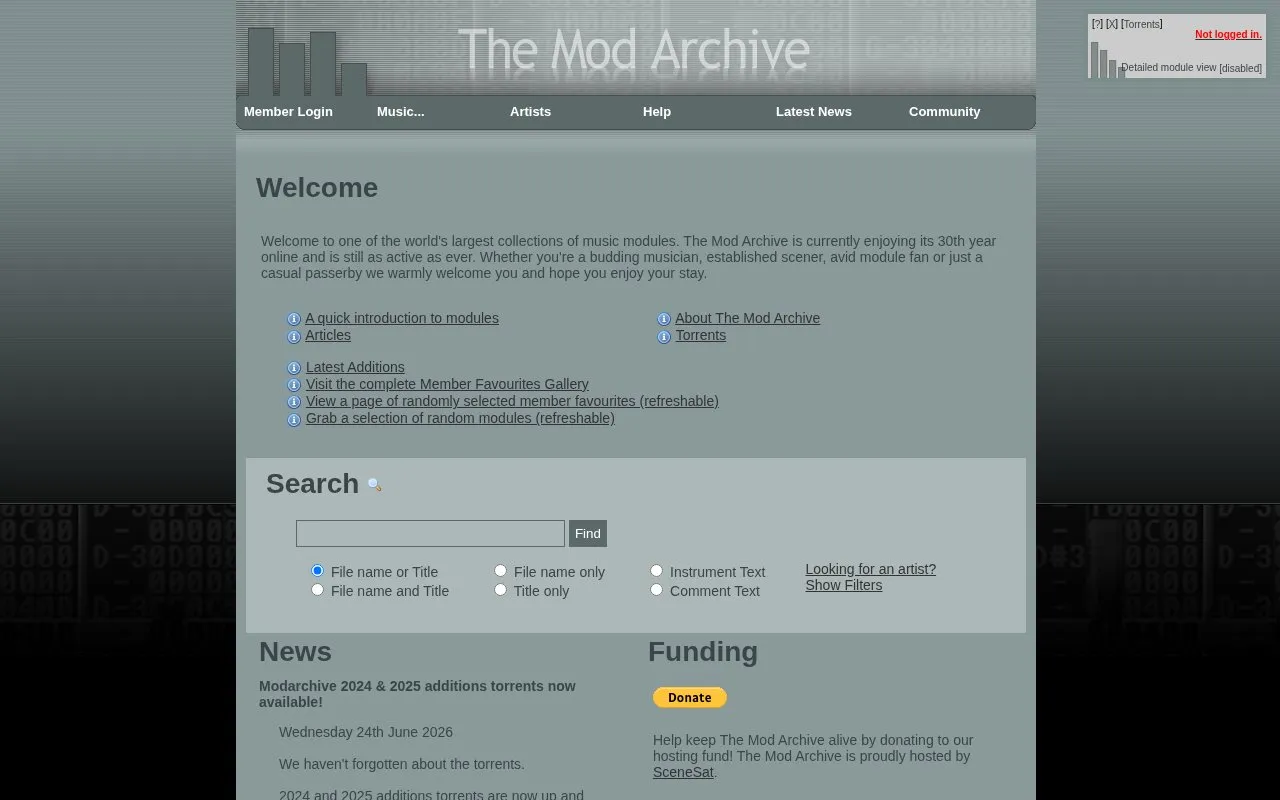 Mod Archive homepage screenshot