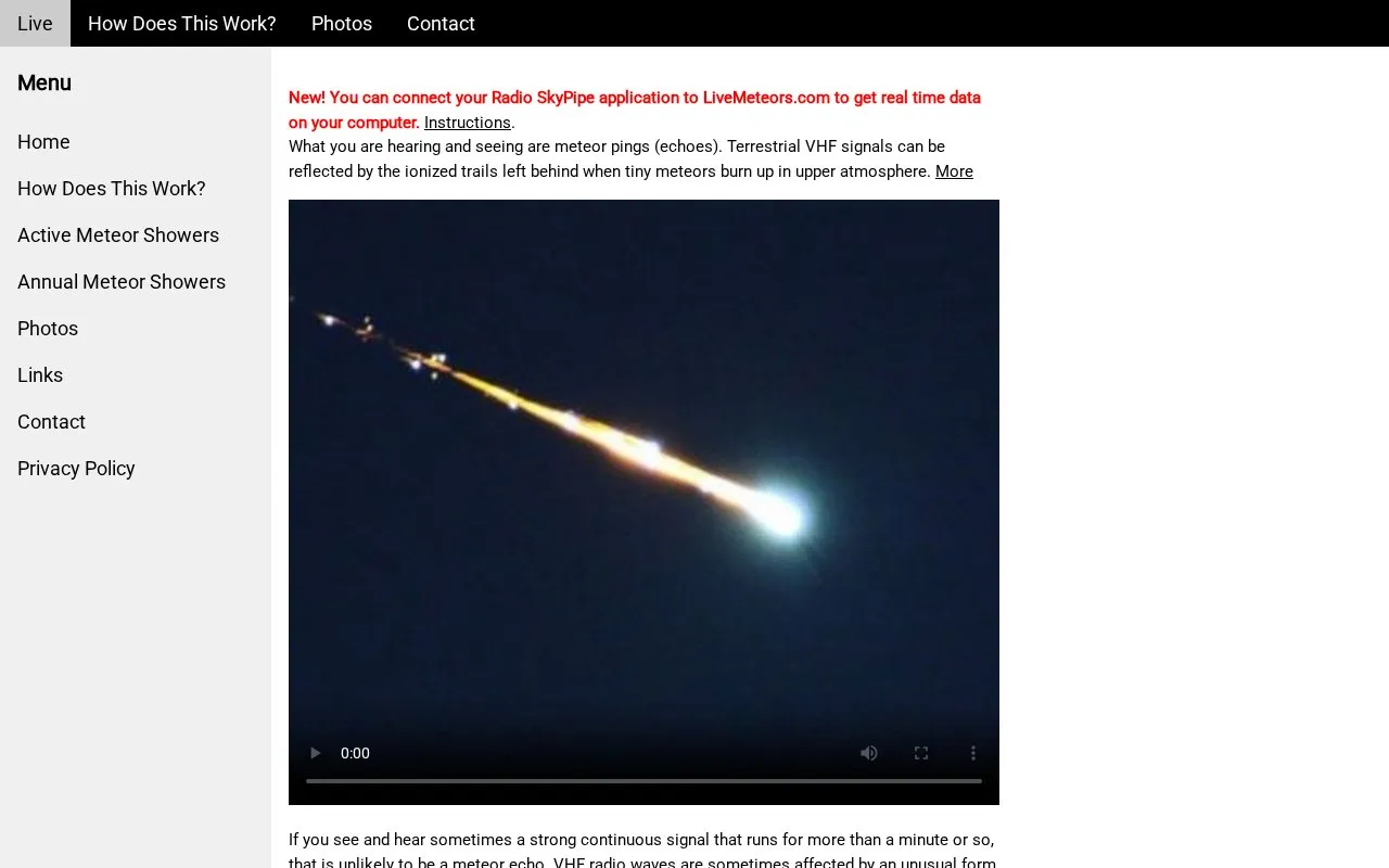 Live Meteors homepage screenshot