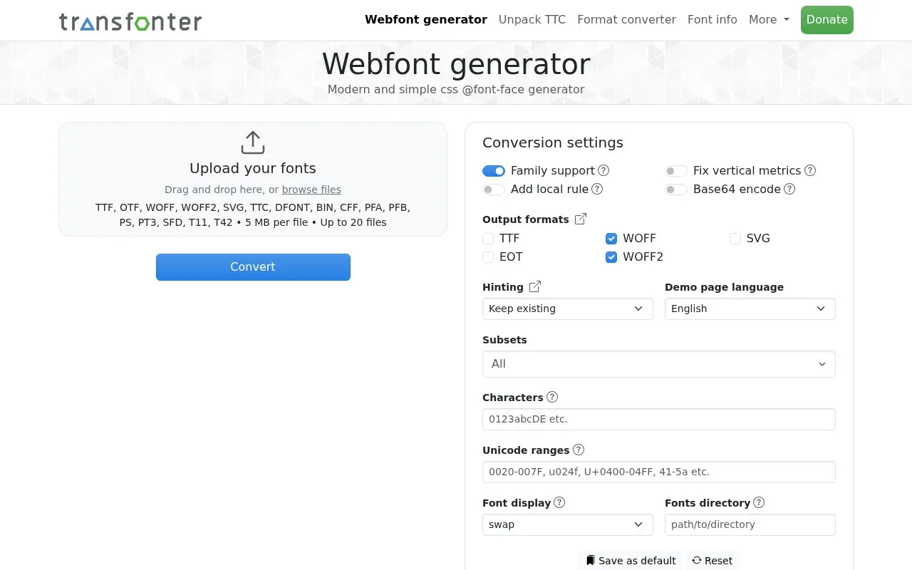 Transfonter homepage screenshot