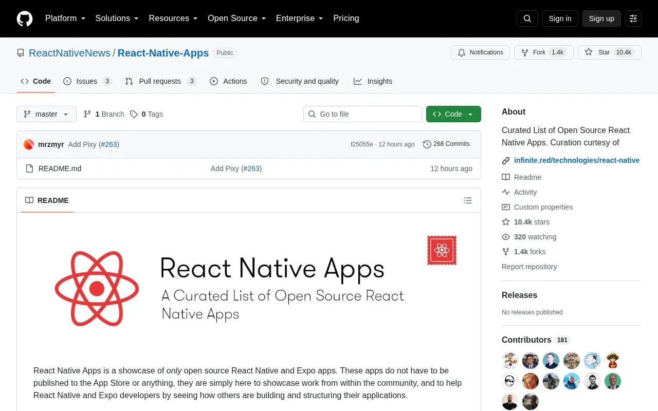 React Native Apps homepage screenshot