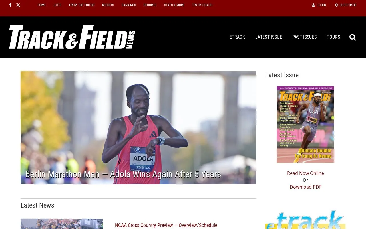 Track & Field News homepage screenshot