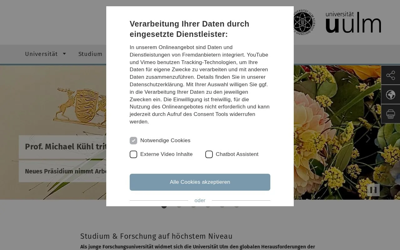 Universitat Ulm homepage screenshot