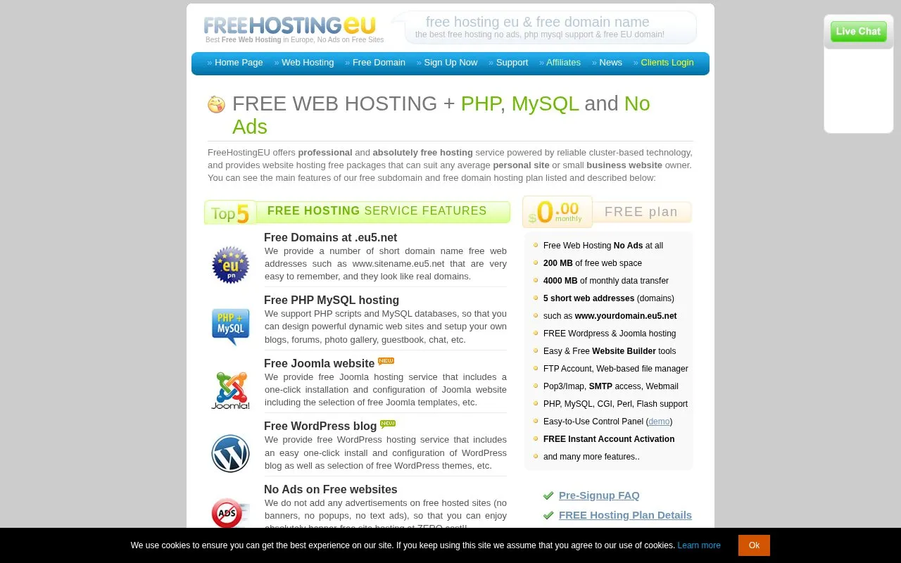 FreeHostingEU.com homepage screenshot