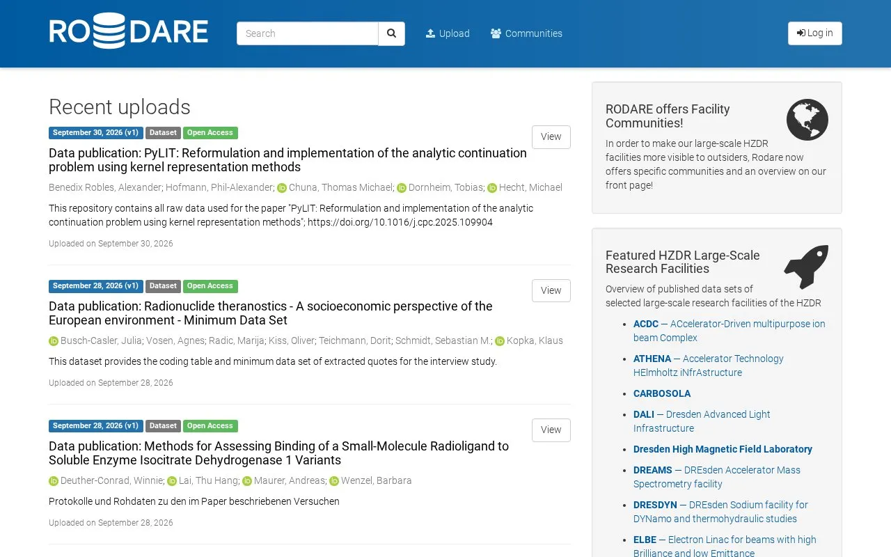 RODARE homepage screenshot