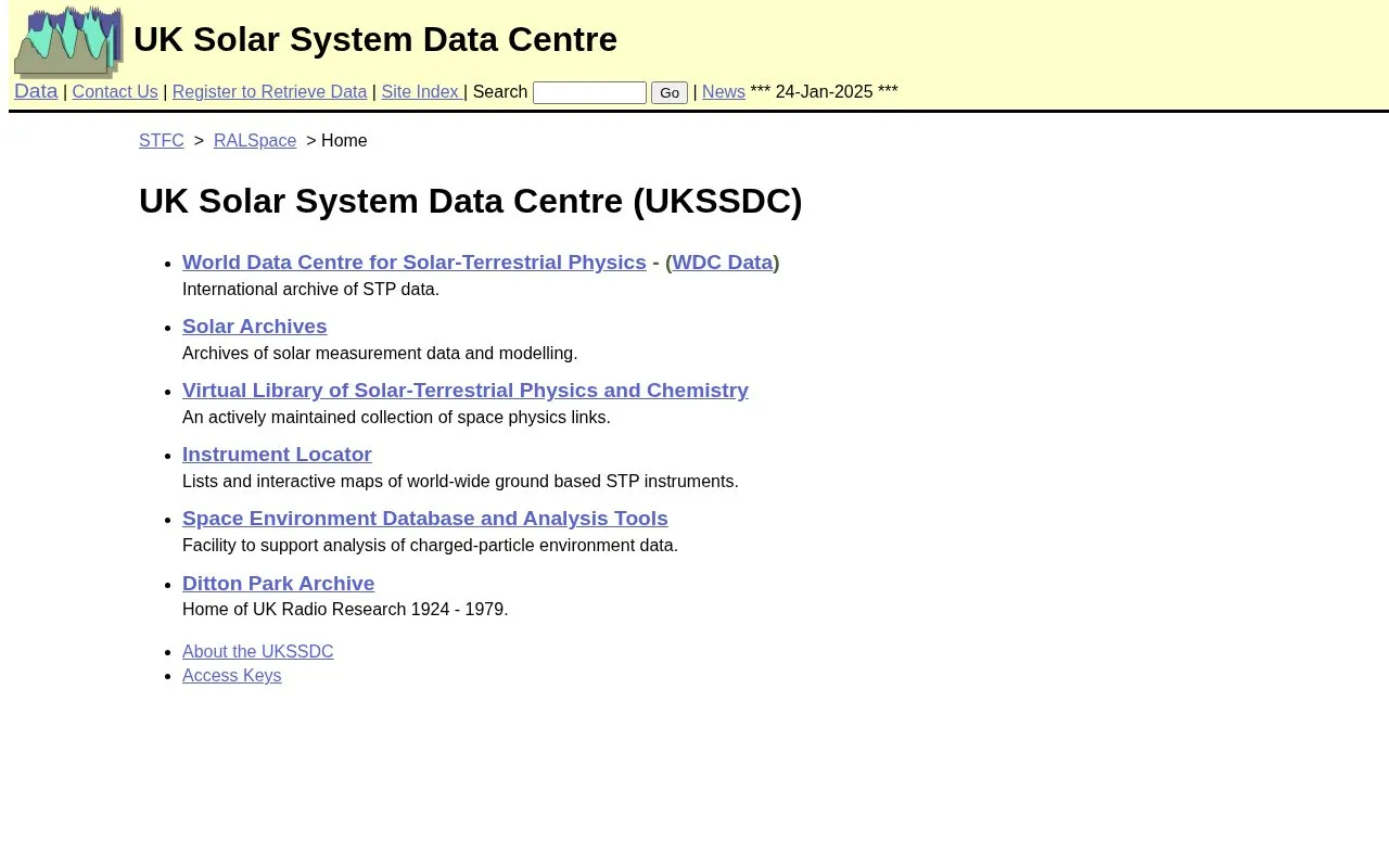 UK Solar System Data Centre homepage screenshot