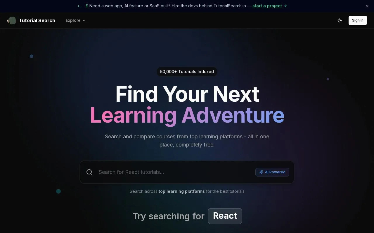 TutorialSearch homepage screenshot