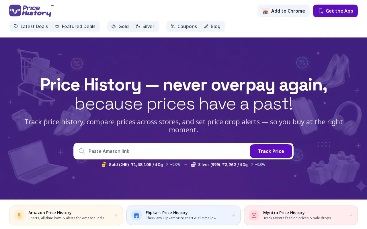PriceHistory homepage screenshot