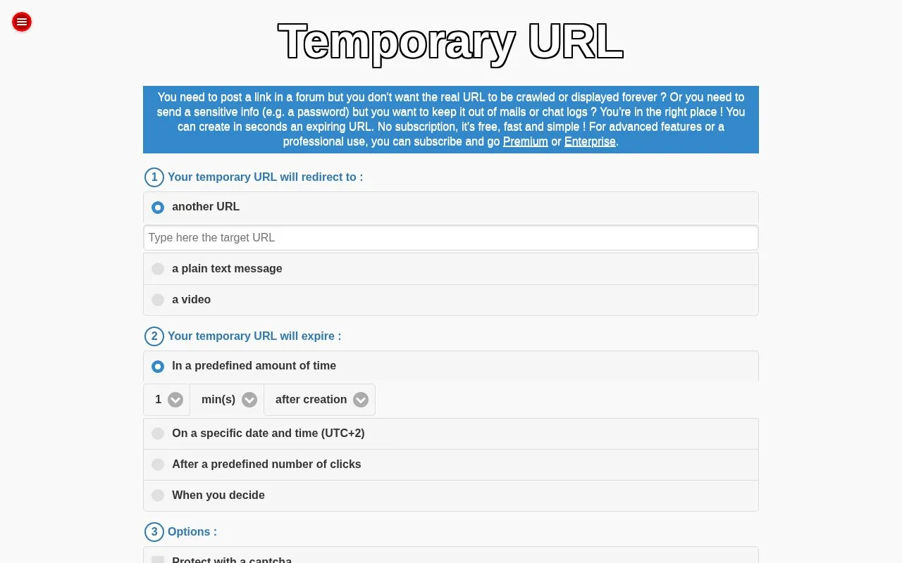 Temporary URL homepage screenshot
