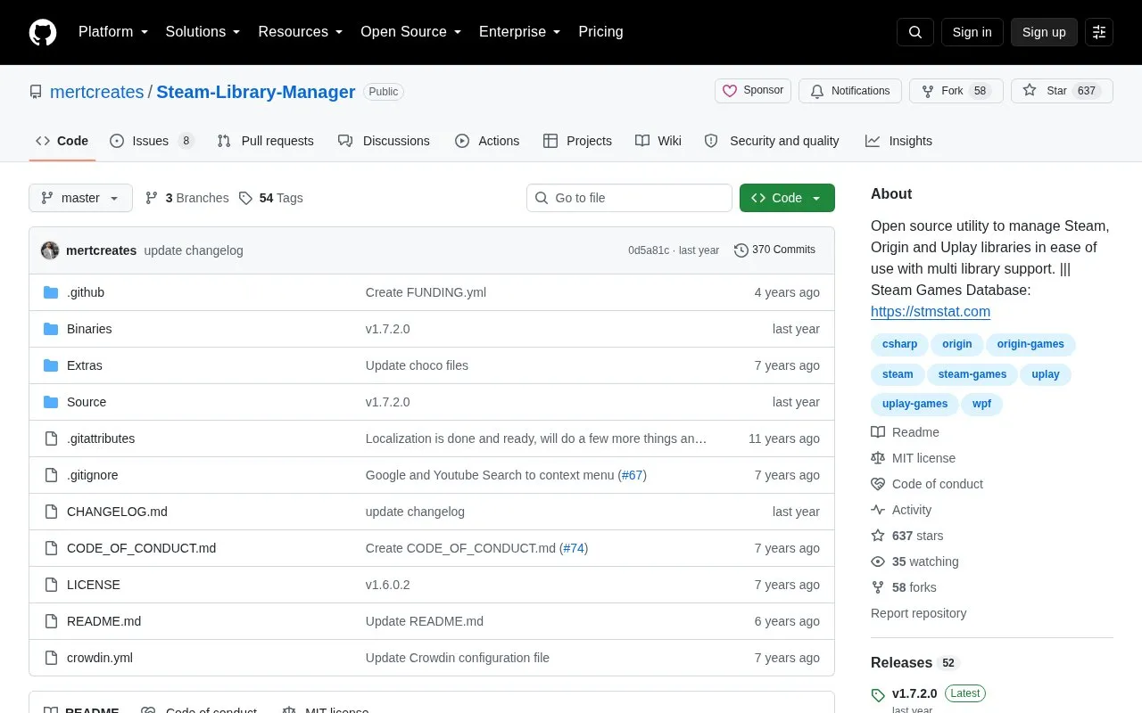 Steam-Library-Manager homepage screenshot