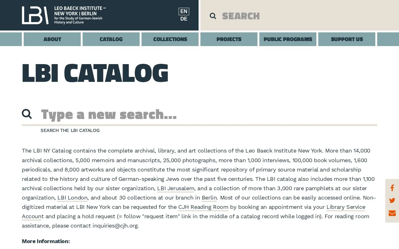 Leo Baeck Institute Online Catalog homepage screenshot