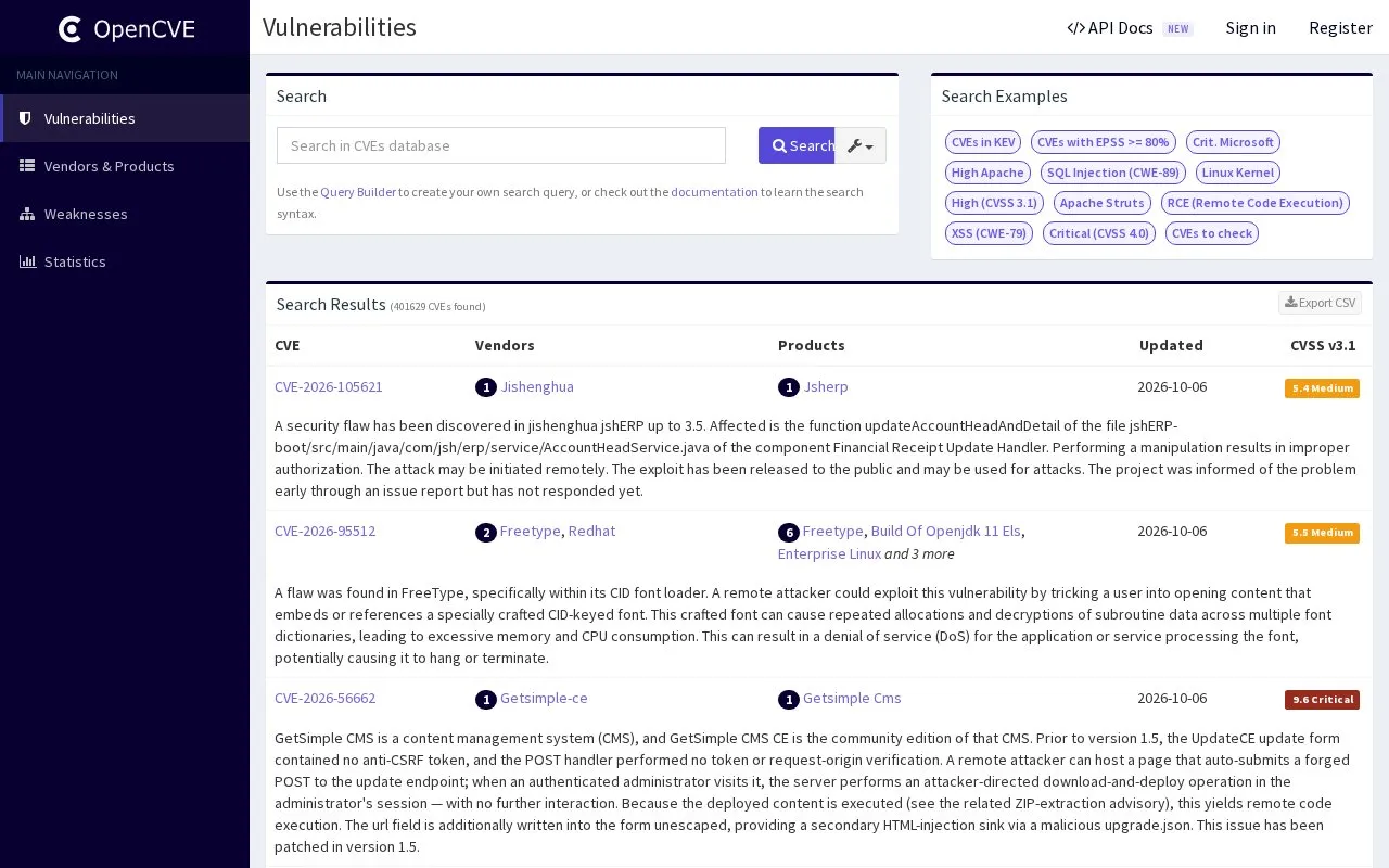 OpenCVE homepage screenshot