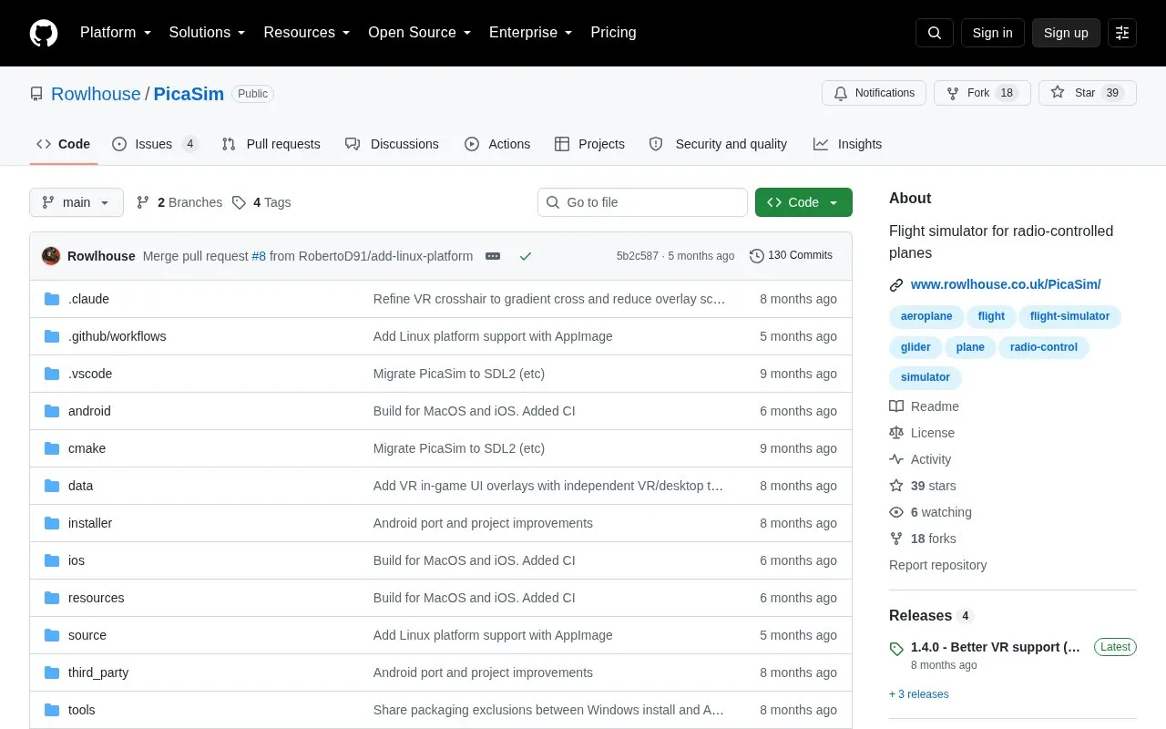 Pica Sim homepage screenshot