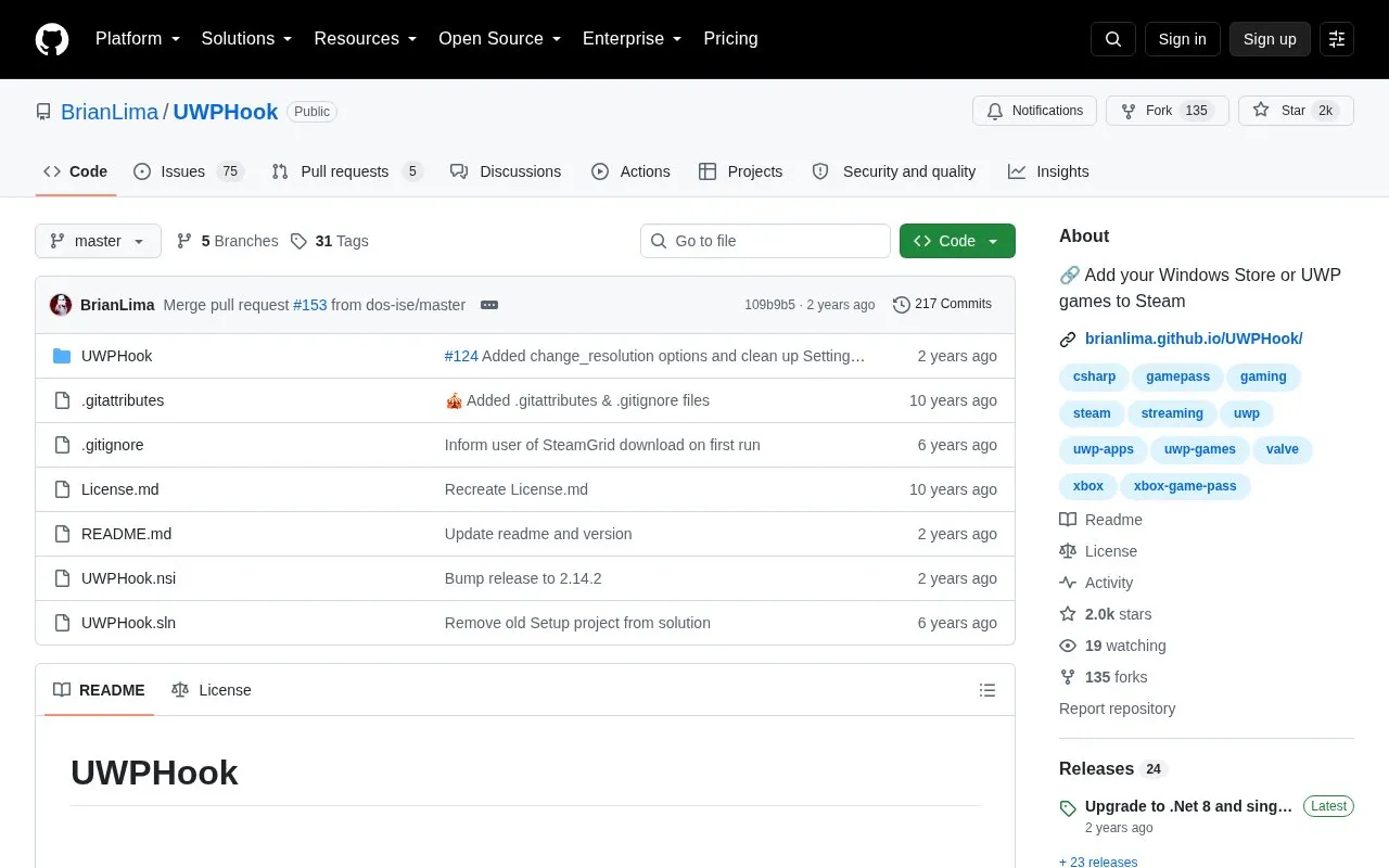 UWPHook homepage screenshot