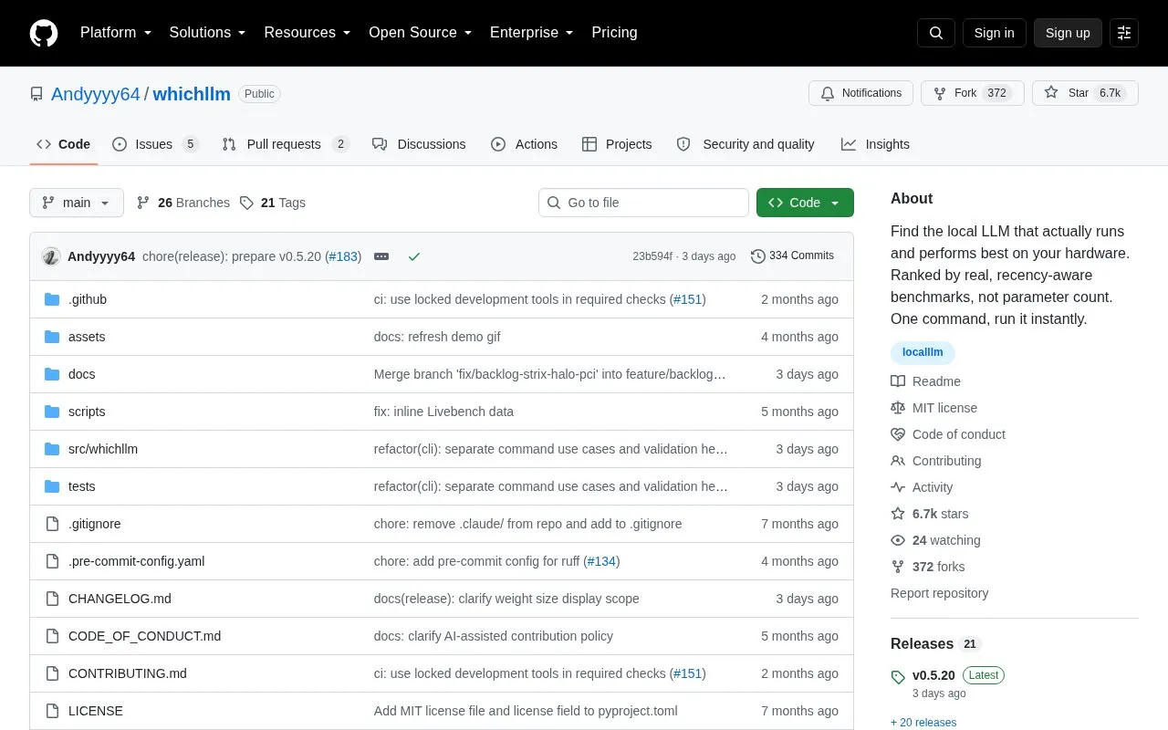 WhichLLM homepage screenshot