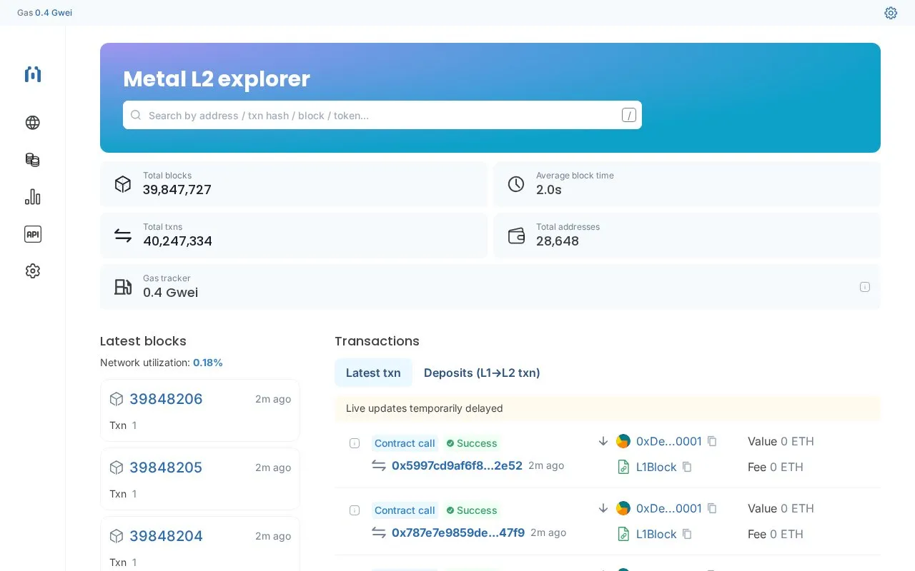 Metal L2 — blockscout homepage screenshot