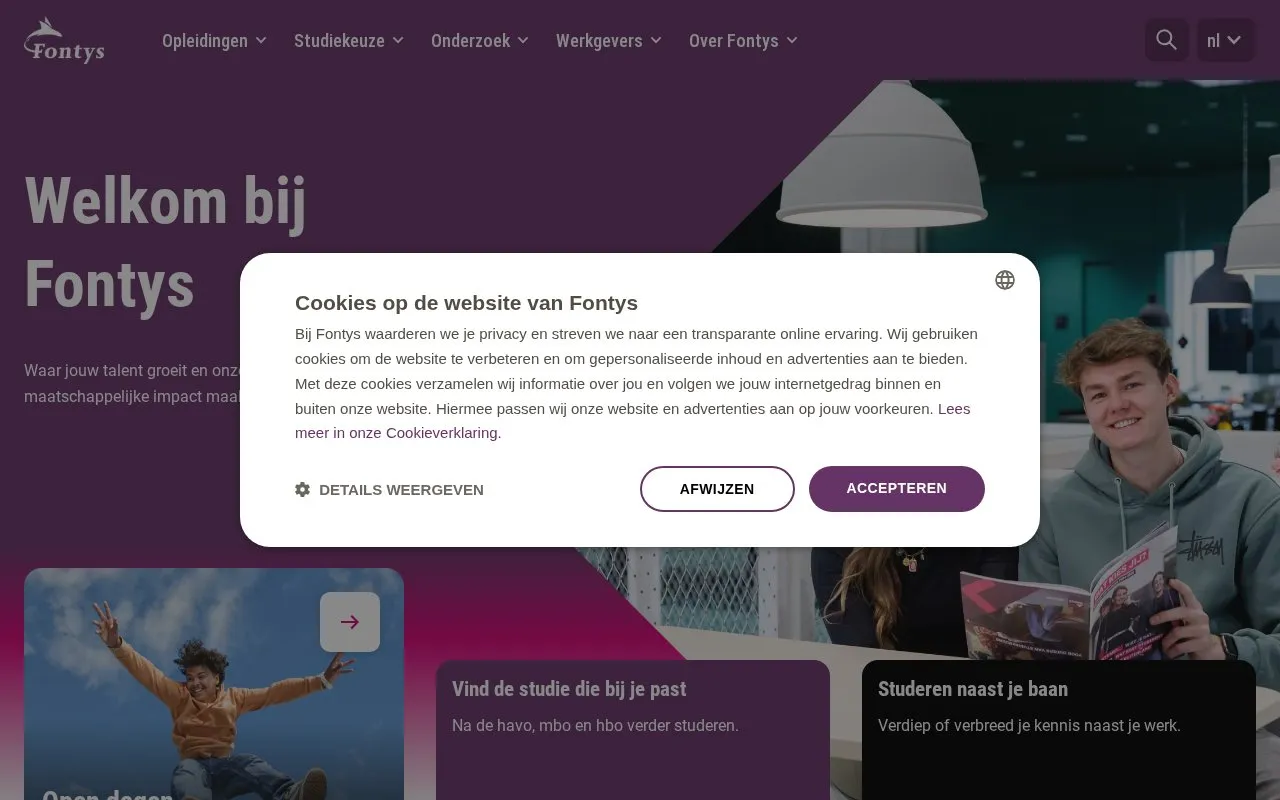 Fontys University of Applied Sciences homepage screenshot
