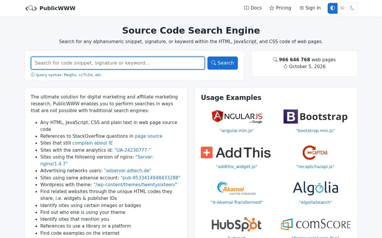 PublicWWW homepage screenshot