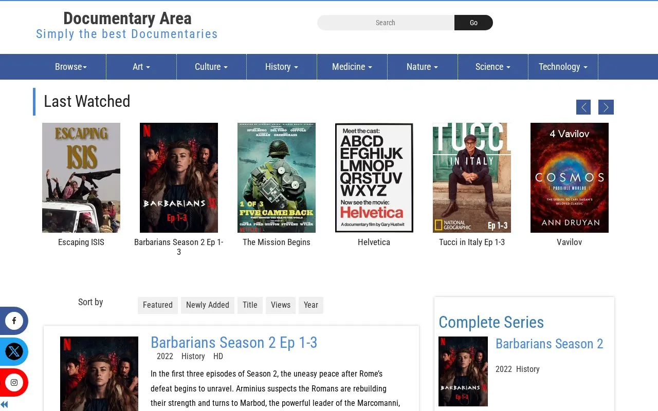 DocumentaryArea homepage screenshot