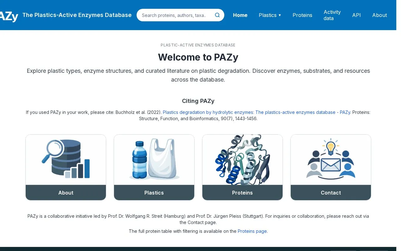 The Plastics-Active Enzymes Database homepage screenshot