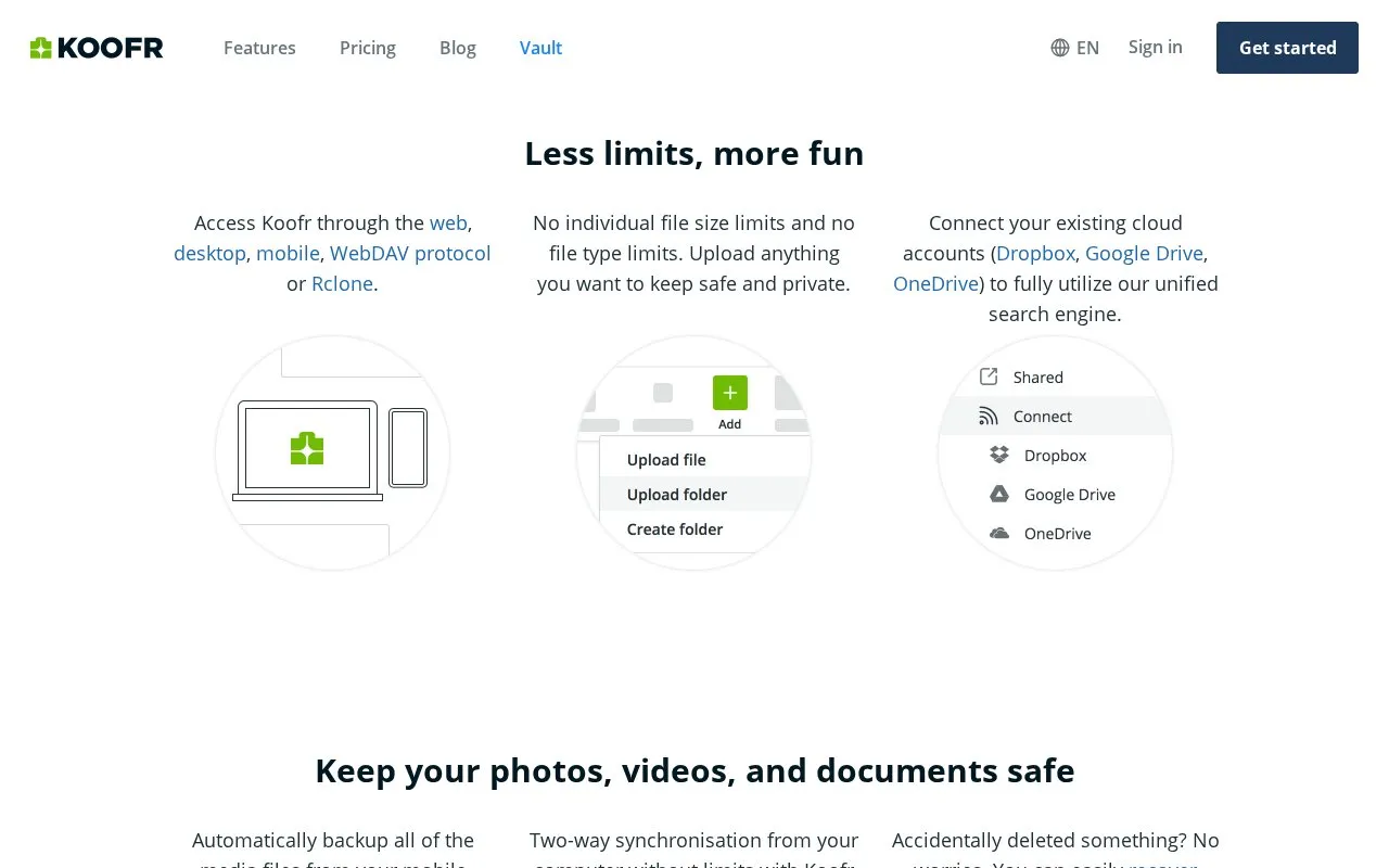 Koofr Vault homepage screenshot