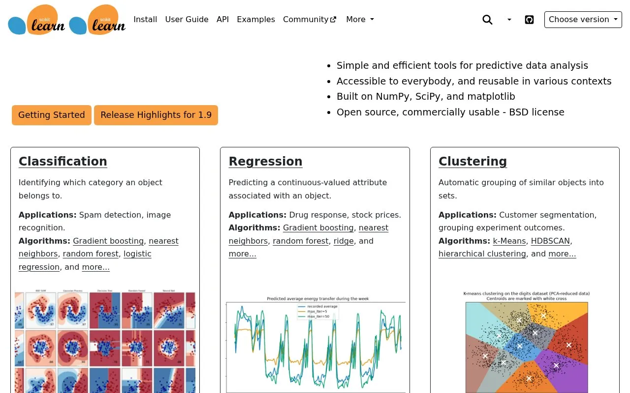 scikit-learn homepage screenshot