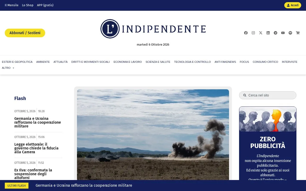 L'INDIPENDENTE homepage screenshot