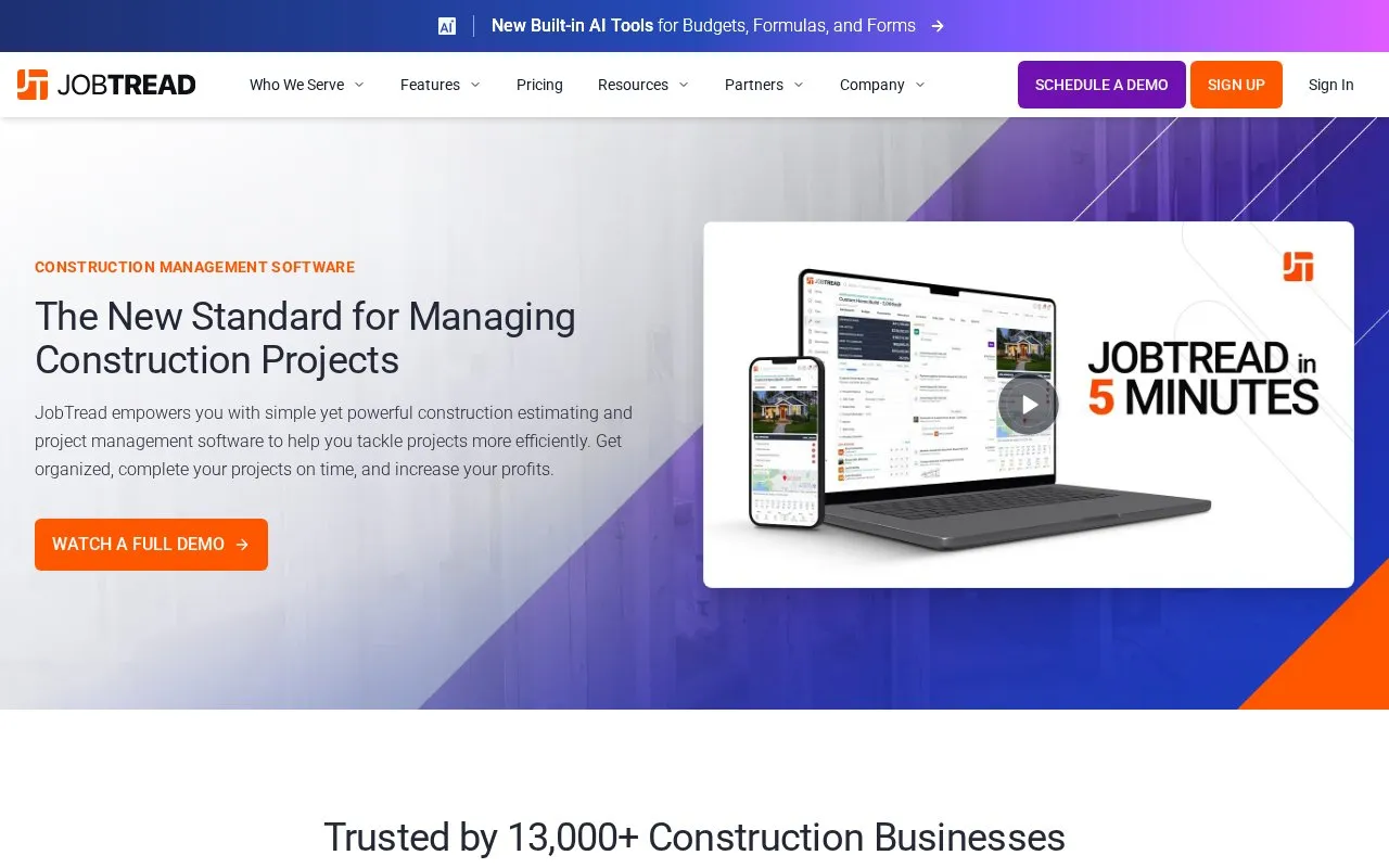 JobTread homepage screenshot
