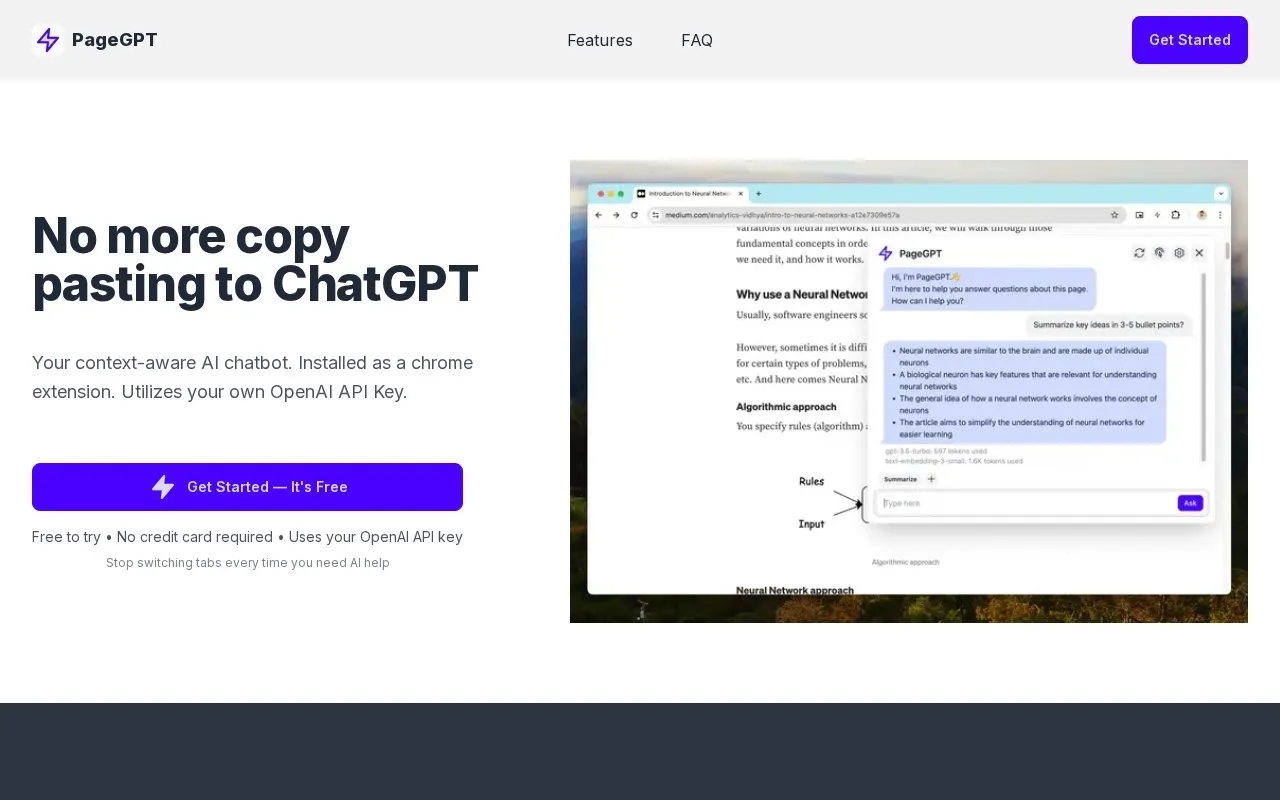 PageGPT homepage screenshot