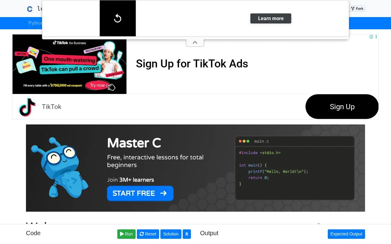 Learn C homepage screenshot