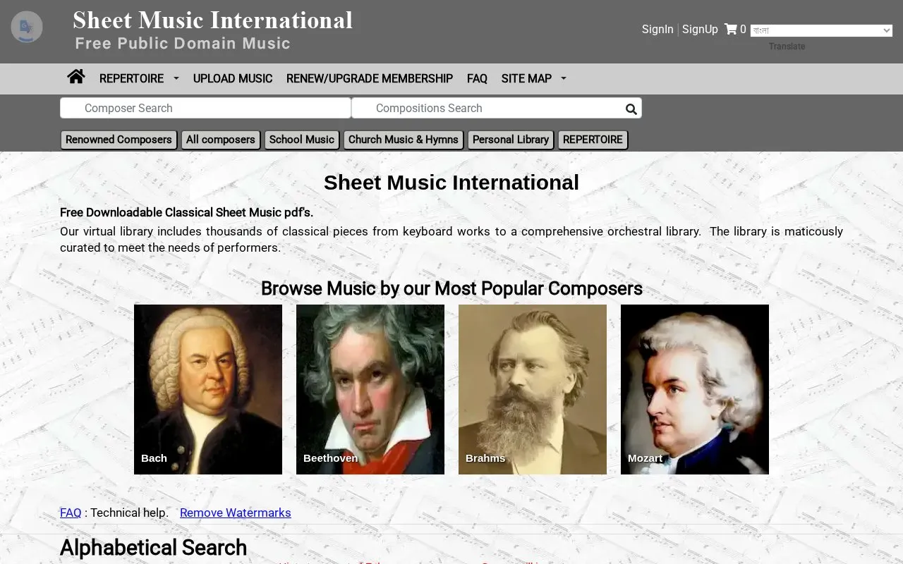 Sheet Music International homepage screenshot