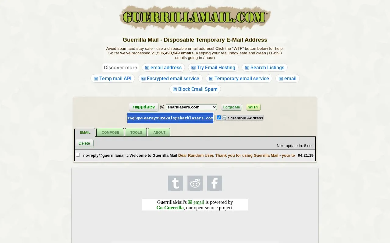 Guerrilla Mail homepage screenshot