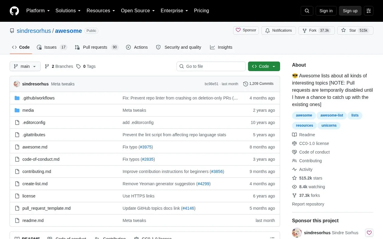 Awesome List Index homepage screenshot