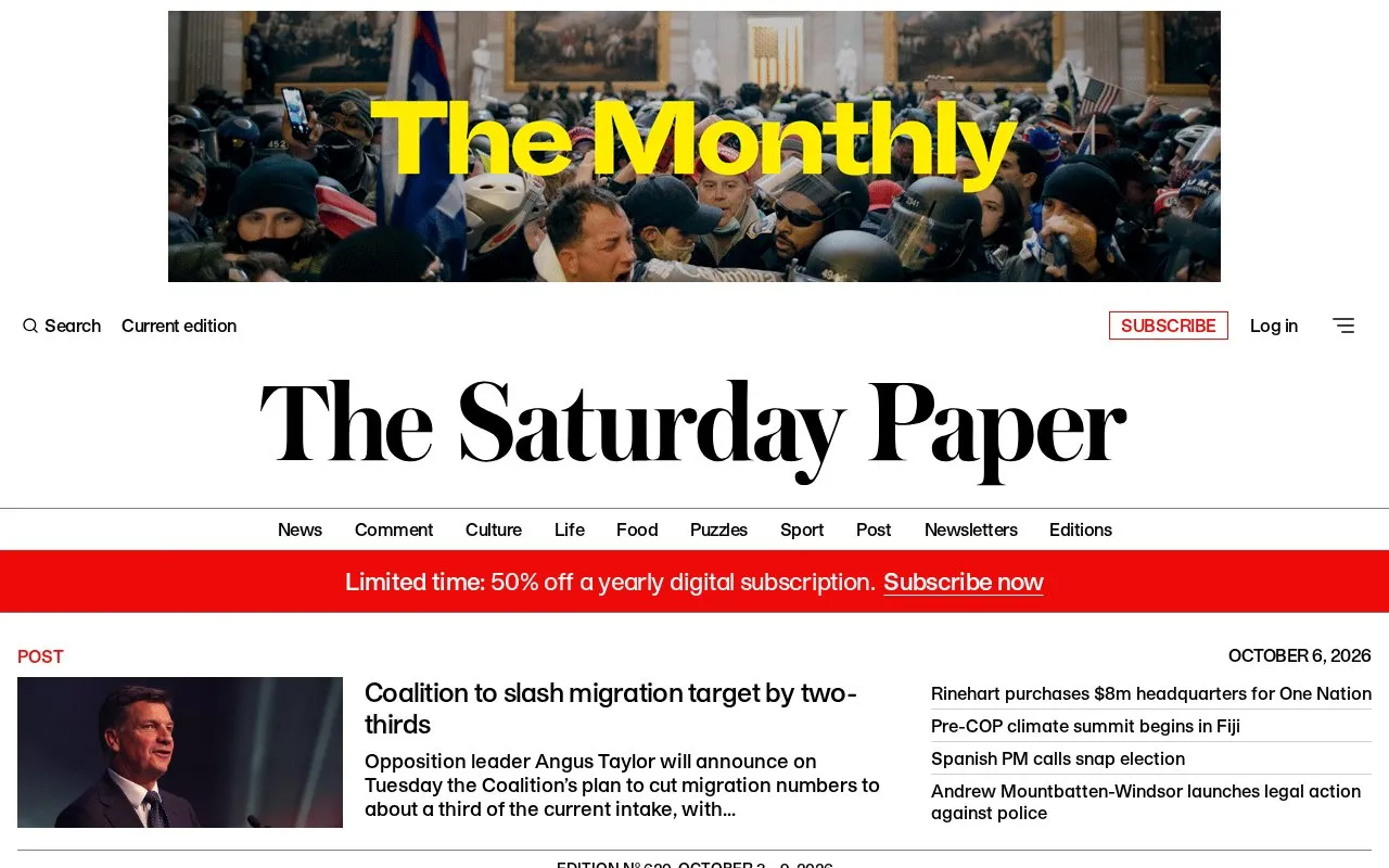 The Saturday Paper homepage screenshot
