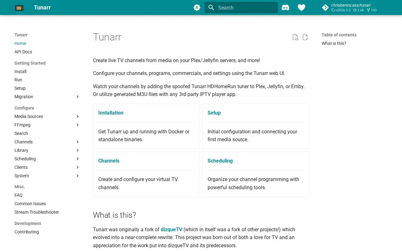 Tunarr homepage screenshot