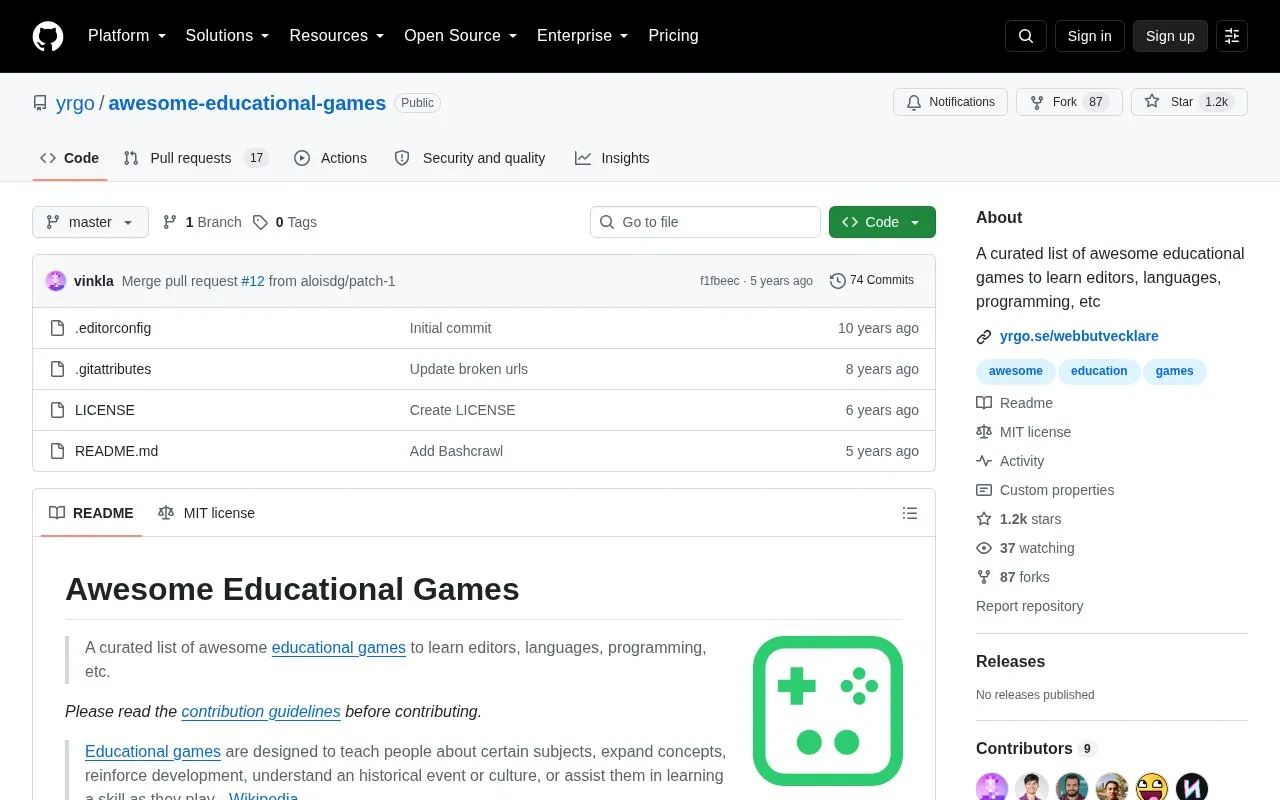 Awesome Educational Games homepage screenshot