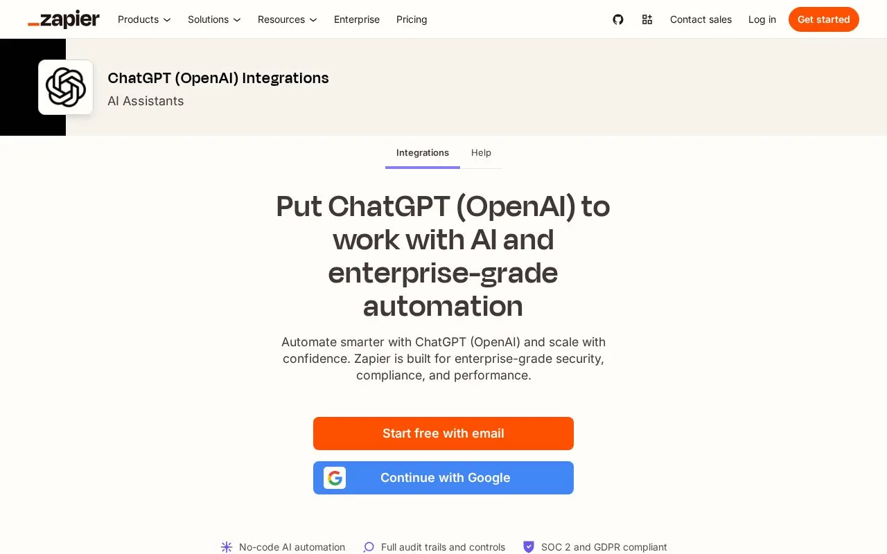 Zapier OpenAI Integrations homepage screenshot