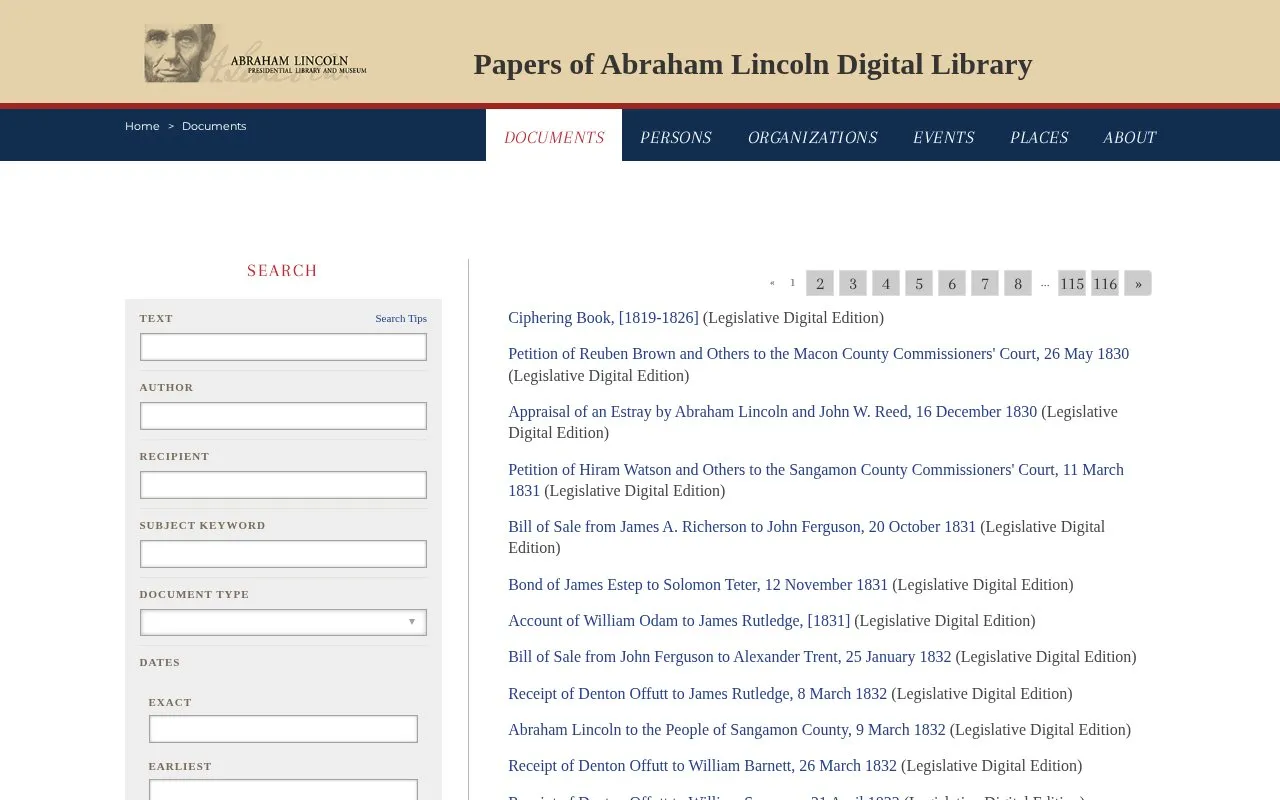 The Papers of Abraham Lincoln homepage screenshot