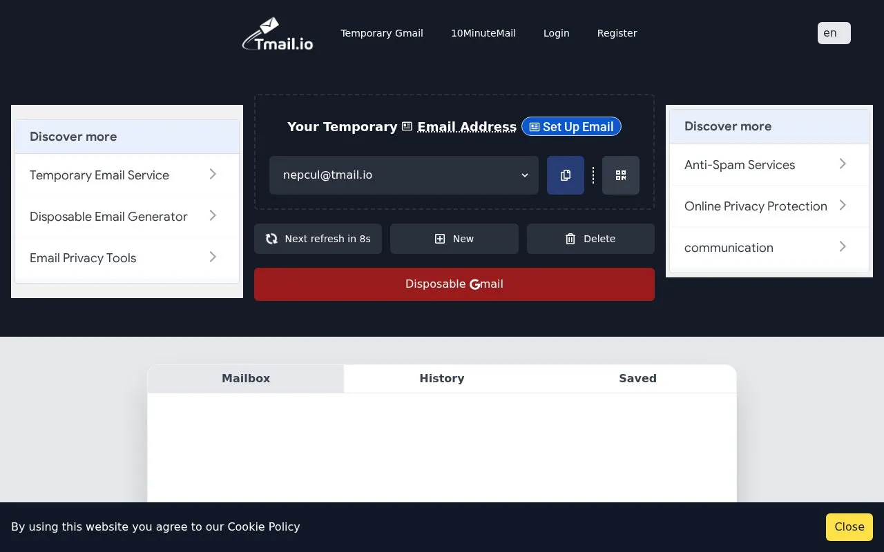 tmail.io homepage screenshot