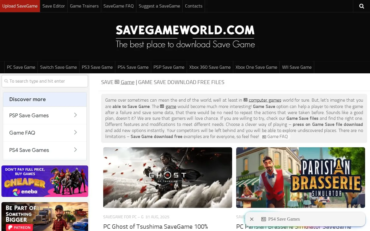 Save Game World homepage screenshot