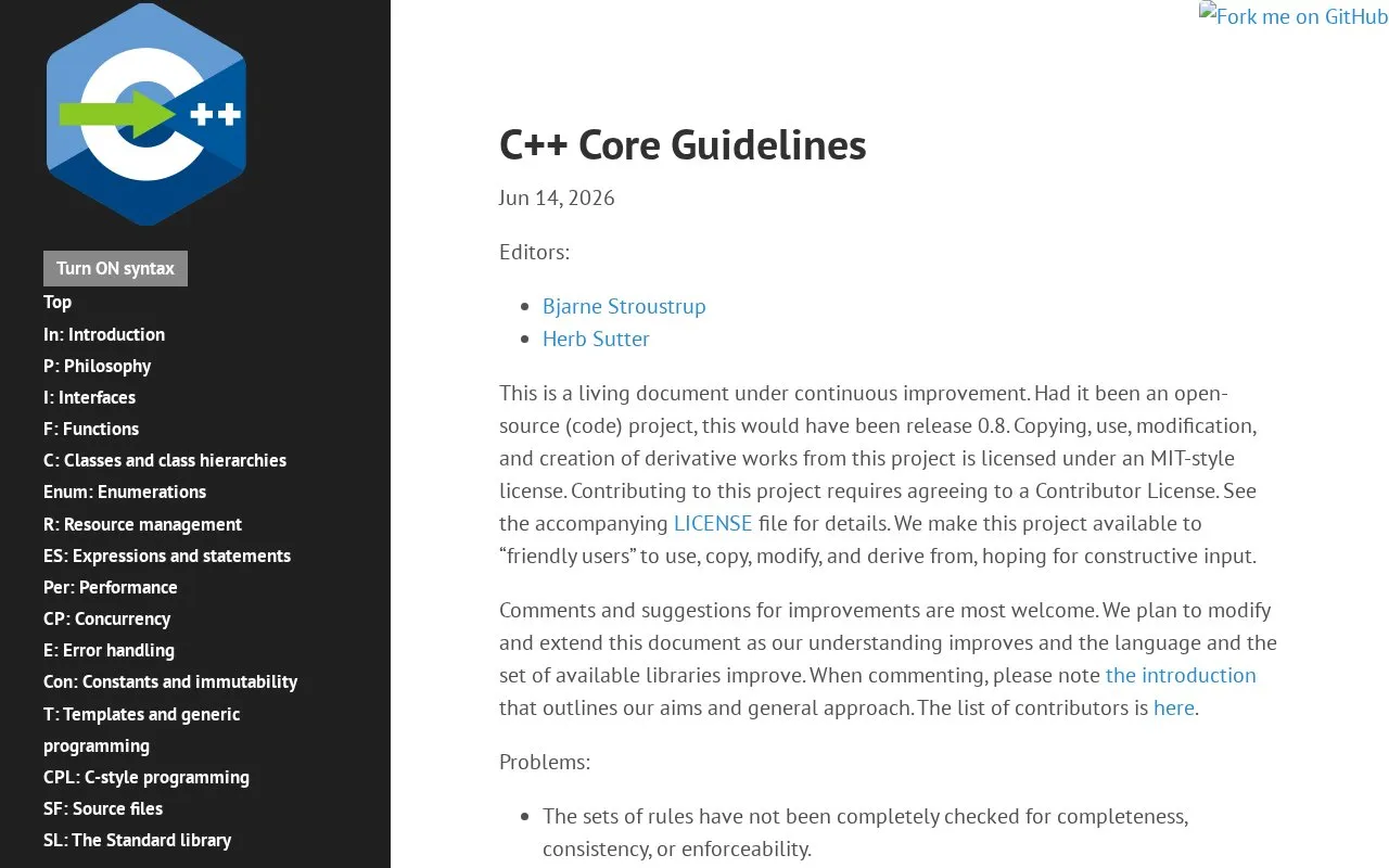 C++ Core Guidelines homepage screenshot