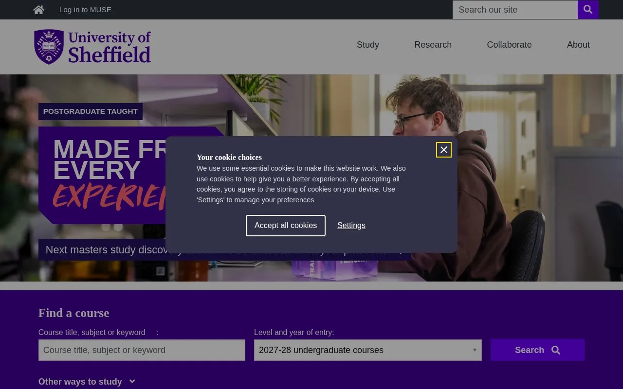 The University of Sheffield homepage screenshot