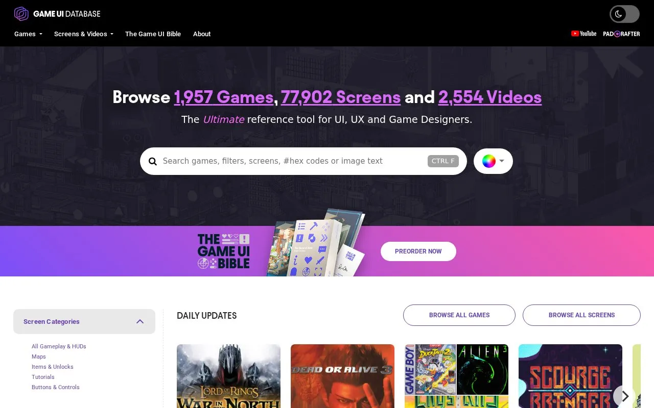 Game UI Database homepage screenshot