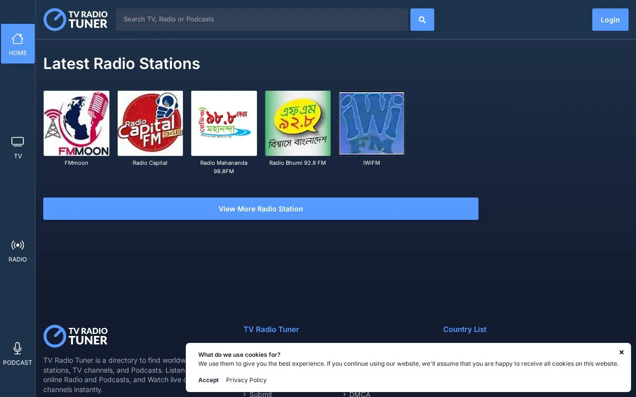 Tvradiotuner homepage screenshot
