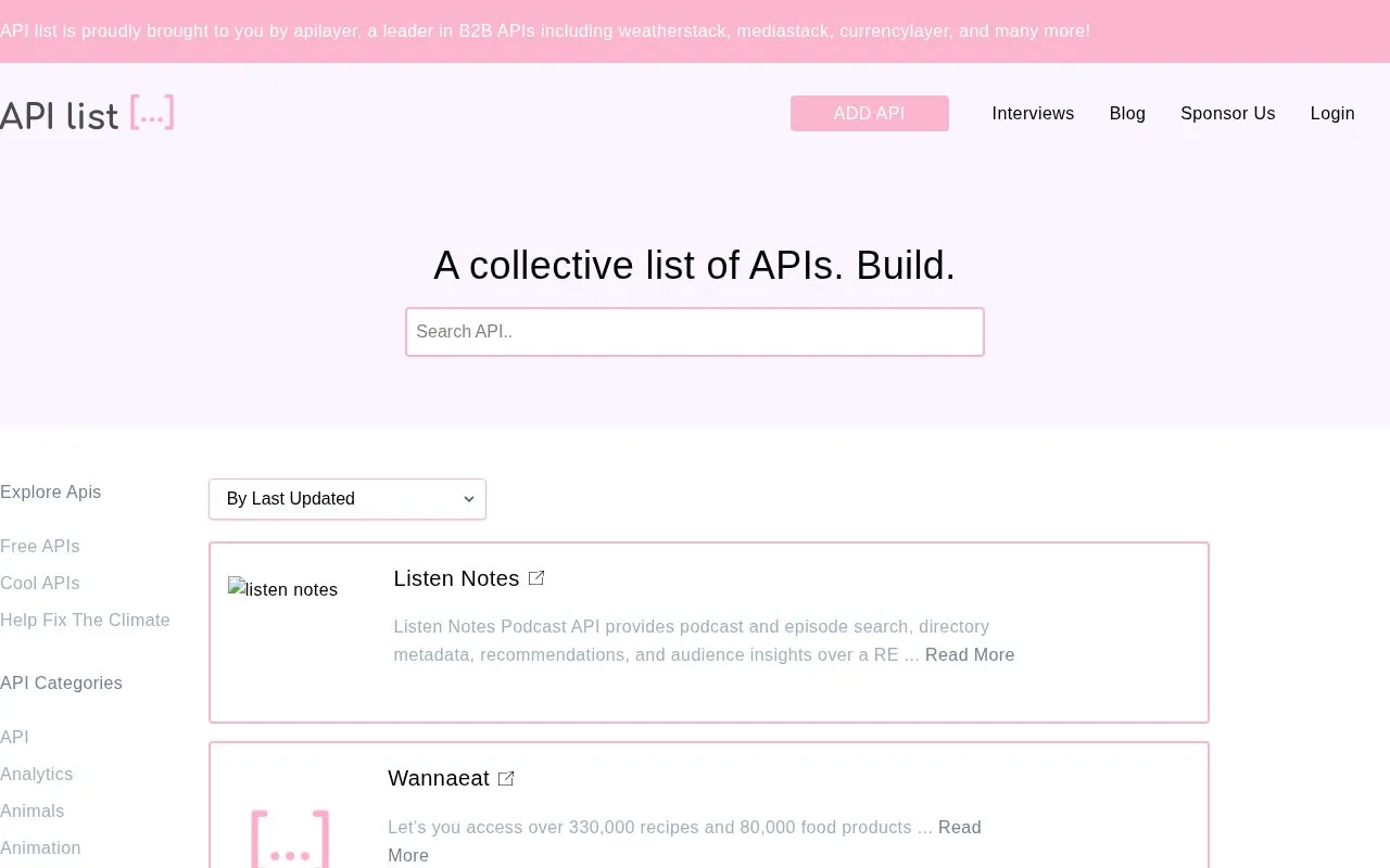 API List homepage screenshot