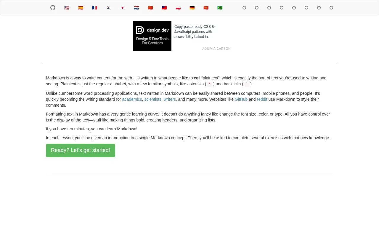 Markdown Tutorial homepage screenshot