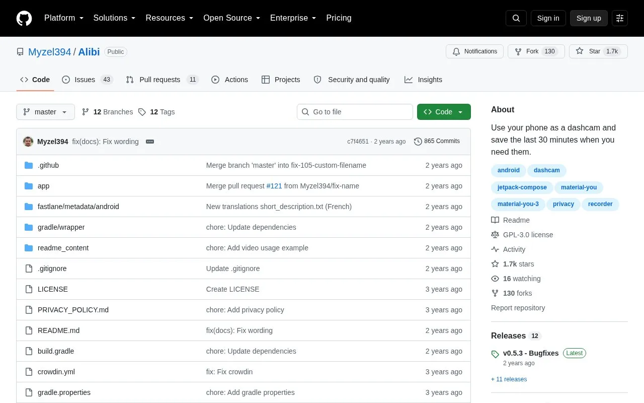 Alibi homepage screenshot