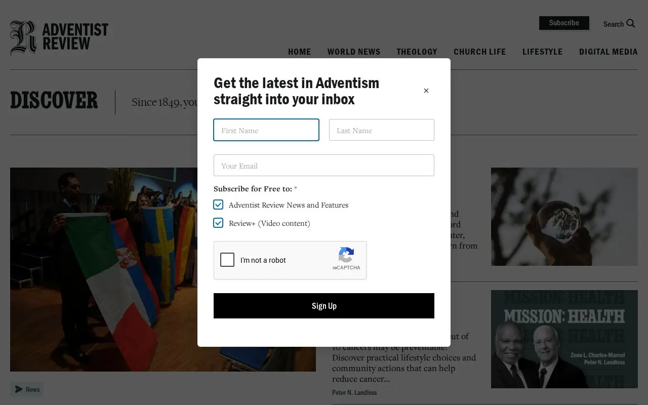 Adventist Review homepage screenshot